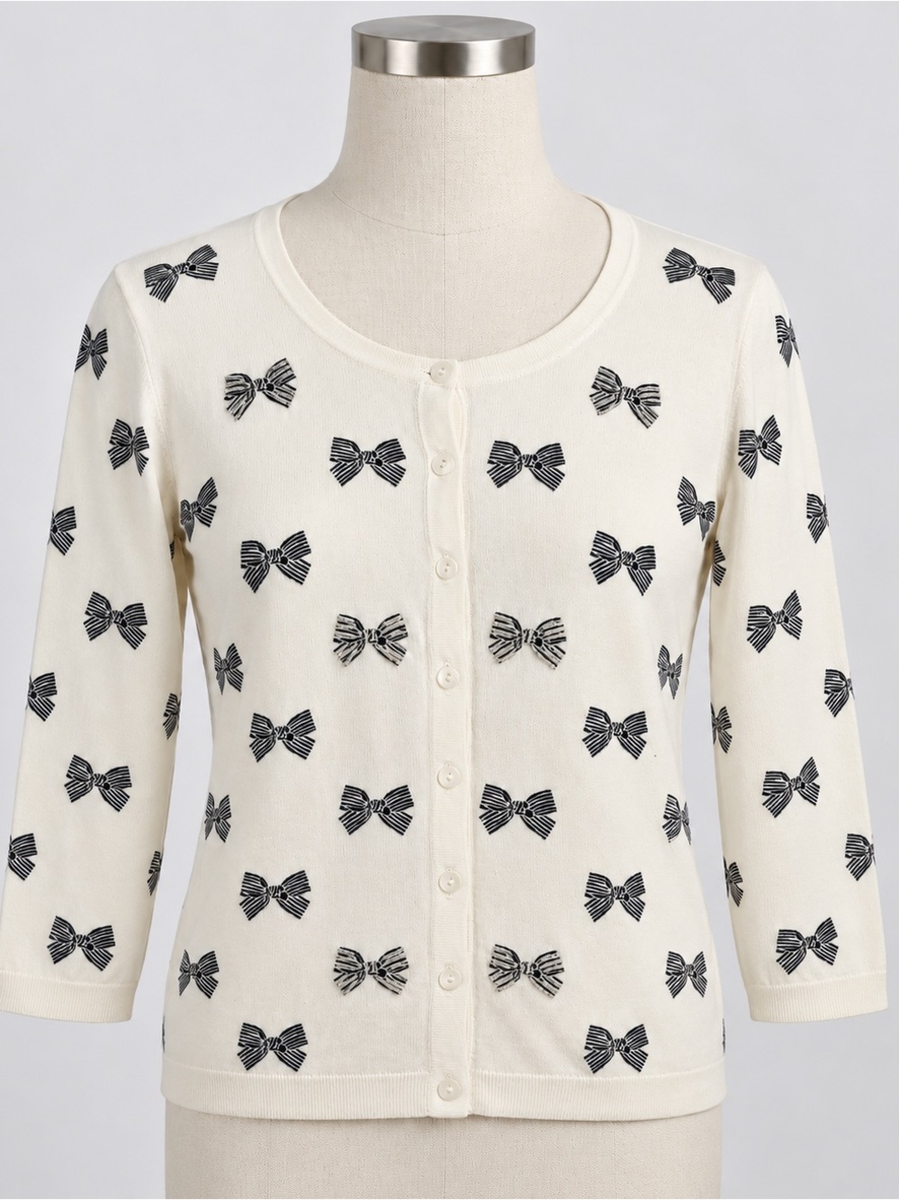 Talbots Medium Ivory Bow Cardigan Beaded Embellished Holiday Sweater